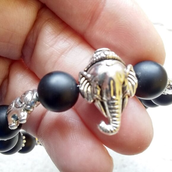 Heavy & Ornate! Black & Silver Elephant Stretch Bracelet - Black Stone Beads 7" - Picture 4 of 8